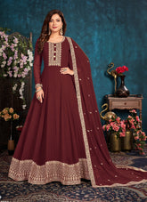 Maroon Faux Georgette Embroidered Anarkali Suit